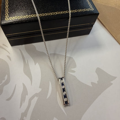 9ct White Gold Sapphire and Diamond Bar Pendant & Chain - 16 Inch