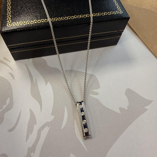 9ct White Gold Sapphire and Diamond Bar Pendant & Chain - 16 Inch