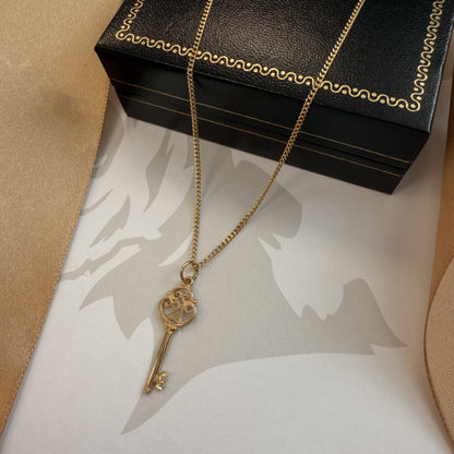 9ct Yellow Gold Ornate Key Pendant & Chain - 18 Inch