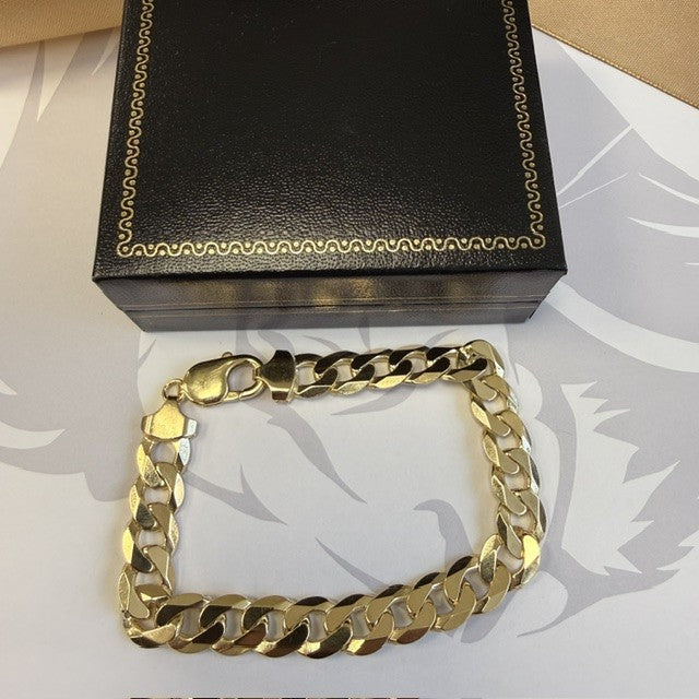 9ct Gold Curb Bracelet Solid Gold Gents Bracelet - 8.5 Inch