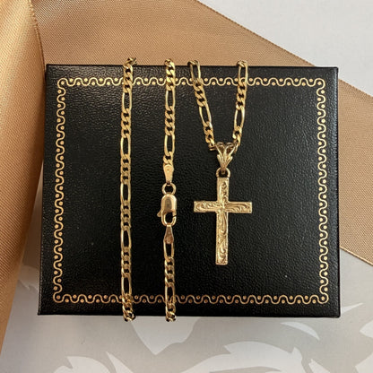 9ct Yellow Gold Engraved Cross Pendant Necklace - 19 Inch