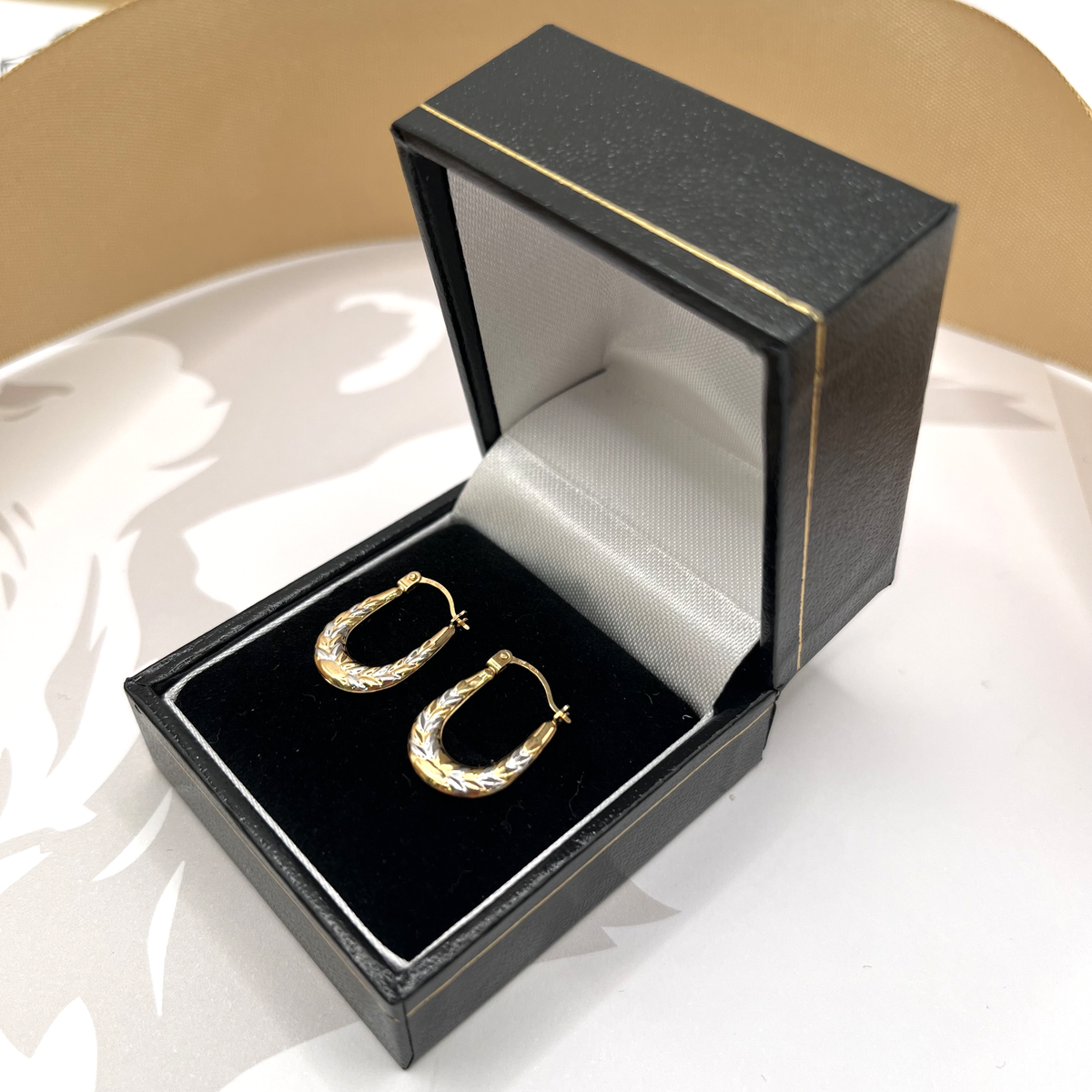 9ct Two Tone Yellow and White Gold Patterned Creole Hoop Earrings – view 2