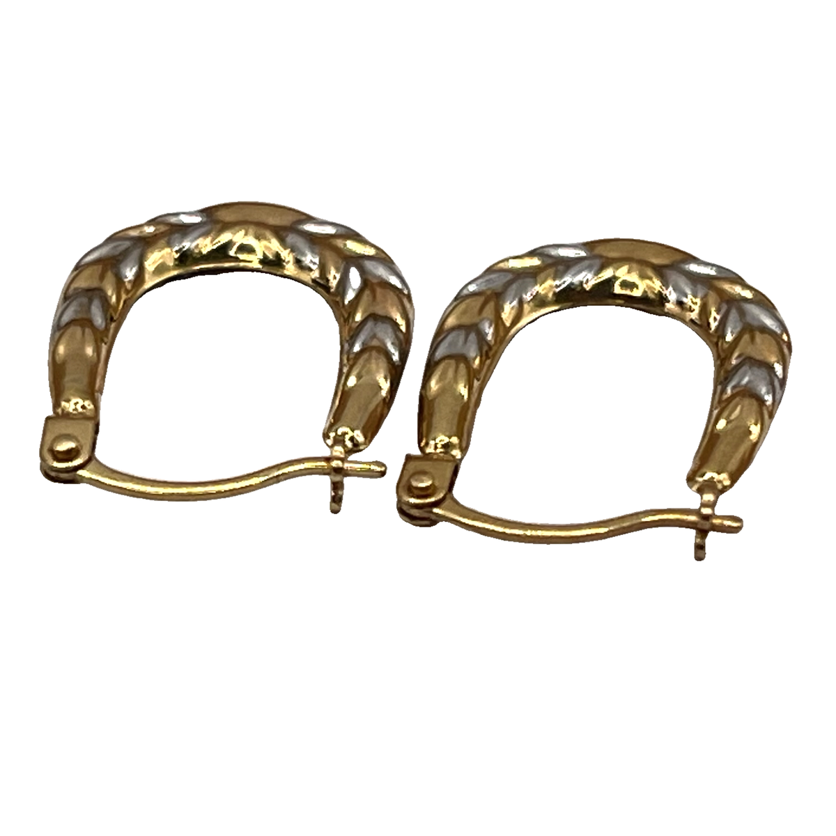 9ct Two Tone Yellow and White Gold Patterned Creole Hoop Earrings – view 4