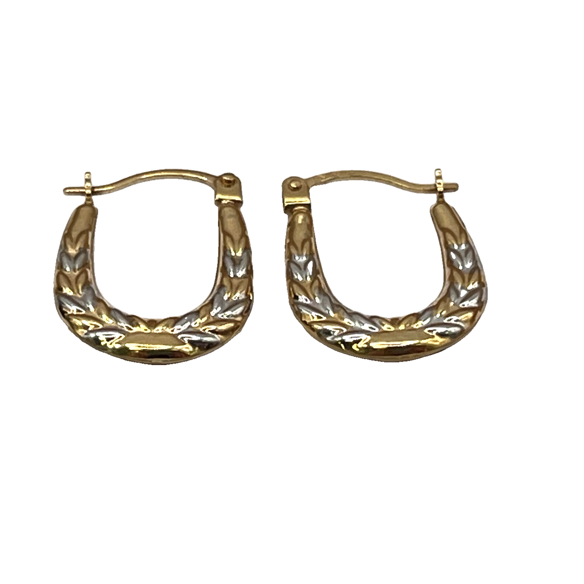 9ct Two Tone Yellow and White Gold Patterned Creole Hoop Earrings – view 5