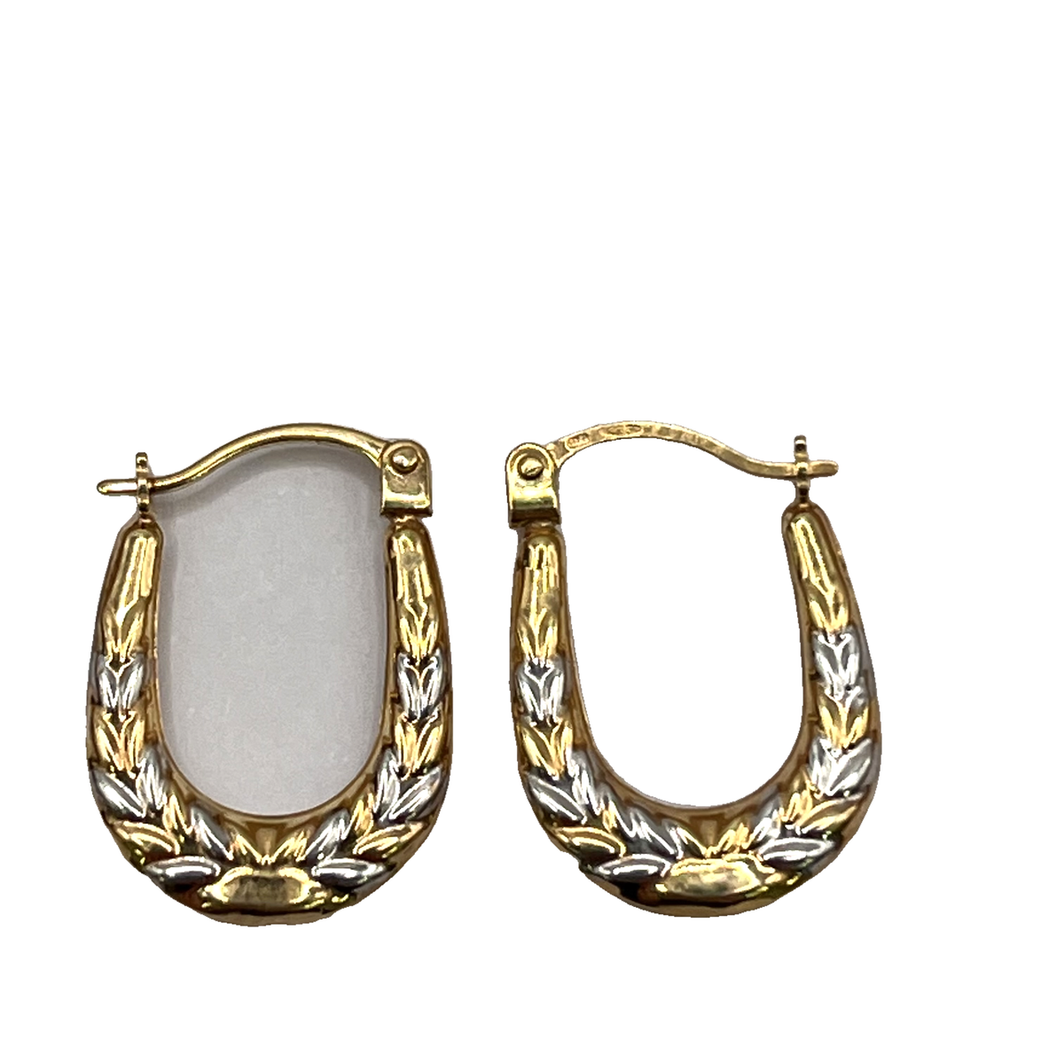 9ct Two Tone Yellow and White Gold Patterned Creole Hoop Earrings – view 6