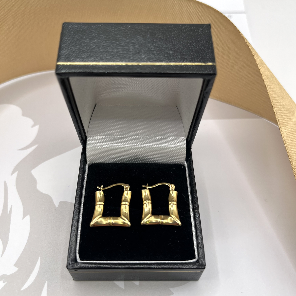 9ct Yellow Gold Bamboo Style Square Creole Hoop Earrings