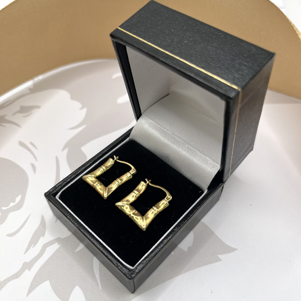 9ct Yellow Gold Bamboo Style Square Creole Hoop Earrings – view 2
