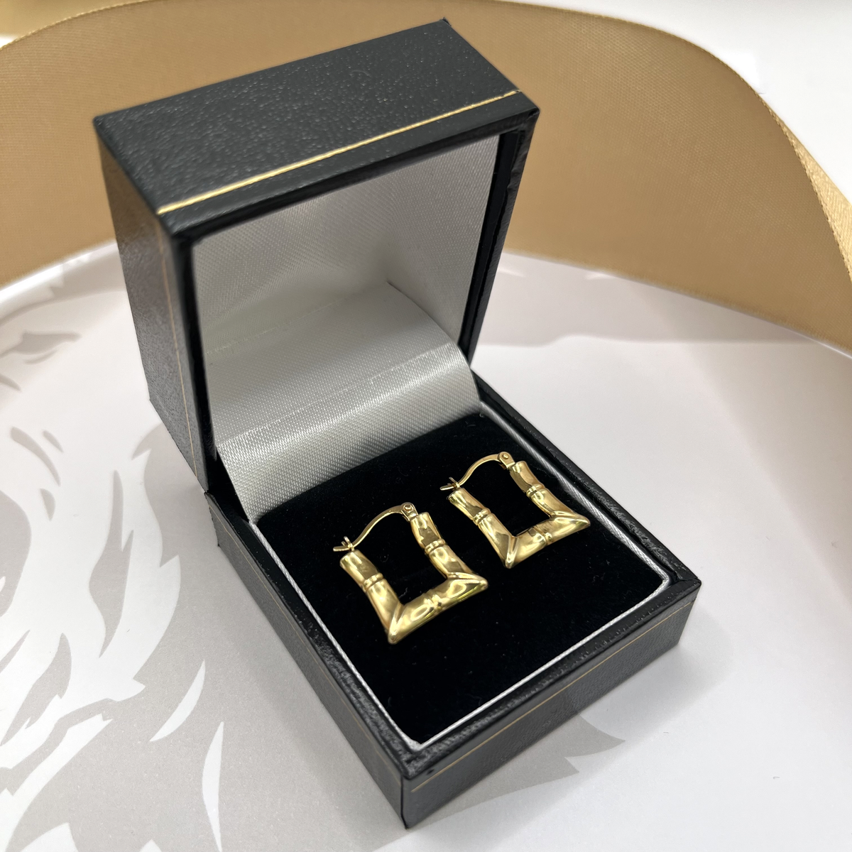 9ct Yellow Gold Bamboo Style Square Creole Hoop Earrings – view 3