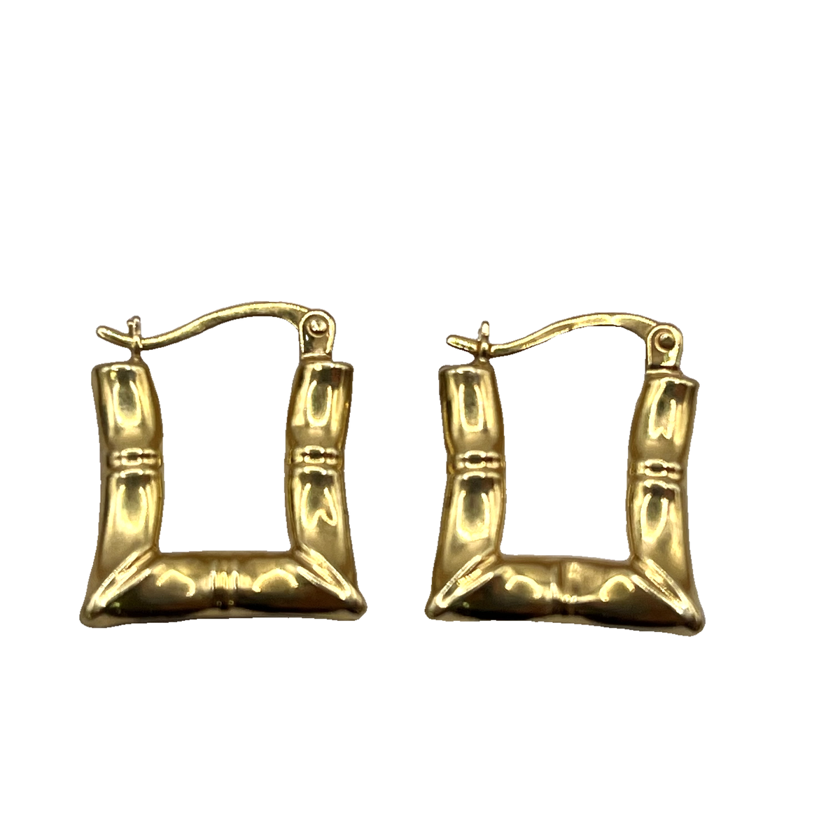 9ct Yellow Gold Bamboo Style Square Creole Hoop Earrings – view 6