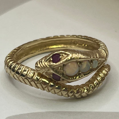 9ct Yellow Gold Opal and Ruby Snake Ring – view 3