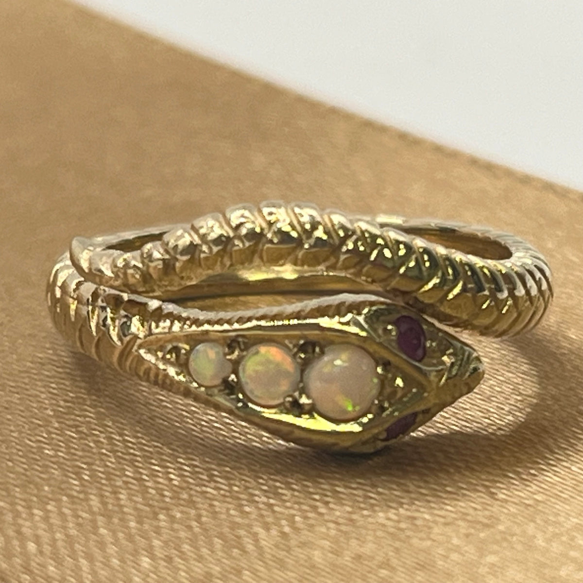 9ct Yellow Gold Opal and Ruby Snake Ring – view 6