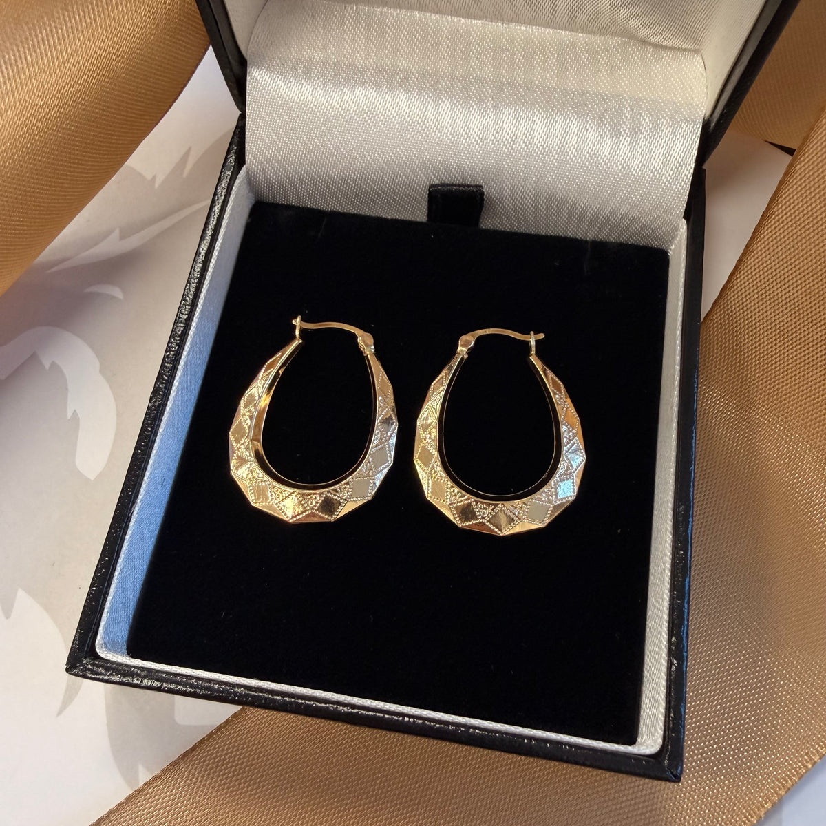9ct Yellow Gold Patterned Creole Earrings