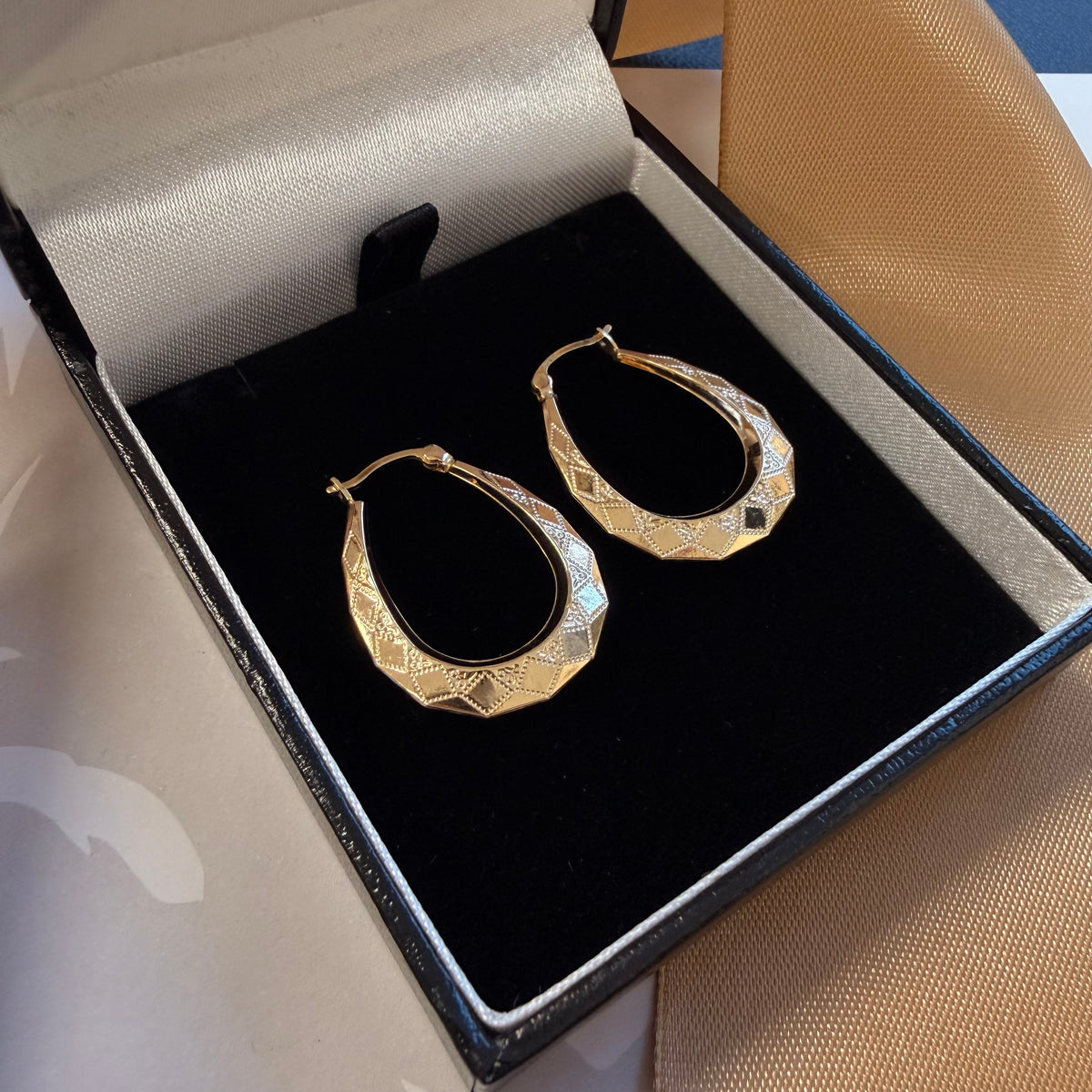 9ct Yellow Gold Patterned Creole Earrings – view 2