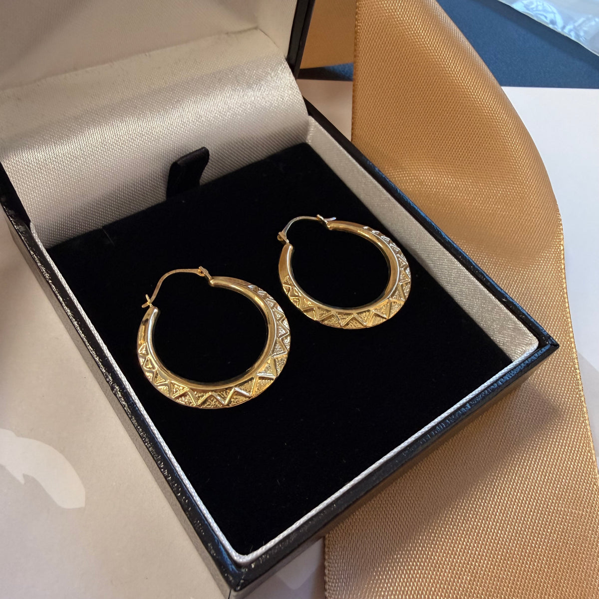 9ct Yellow Gold Patterned Creole Earrings – view 2