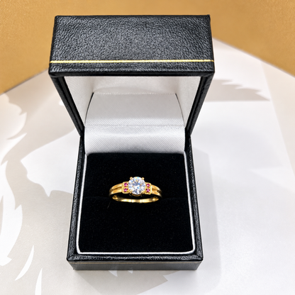 9ct Yellow Gold Round Cut CZ Solitaire Ring with Pink Stone Shoulders