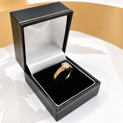 9ct Yellow Gold Round Cut CZ Solitaire Ring with Pink Stone Shoulders – view 2