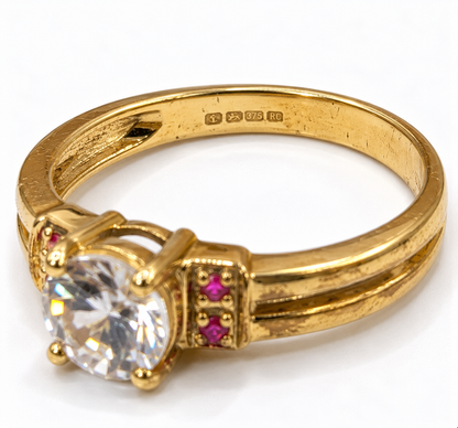 9ct Yellow Gold Round Cut CZ Solitaire Ring with Pink Stone Shoulders – view 5
