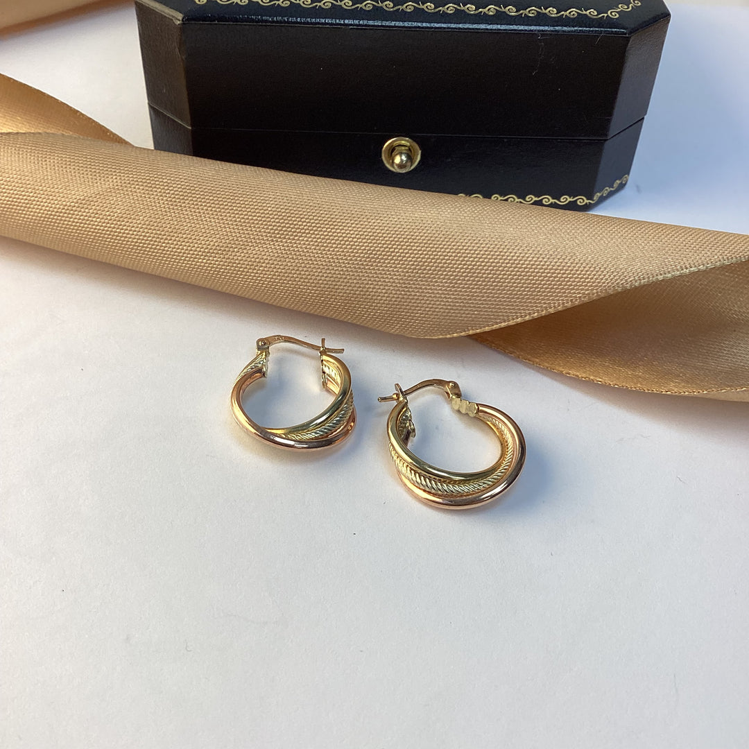 9ct Yellow Gold Tri-Colour Creole Hoop Earrings