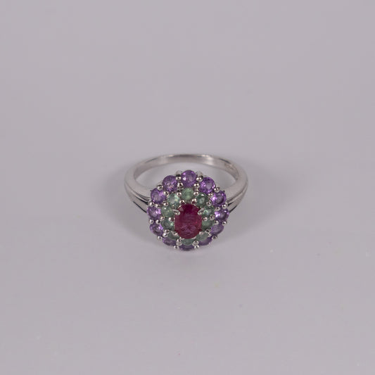 9ct White Gold Cluster Ring with Ruby, Amethyst & Emerald