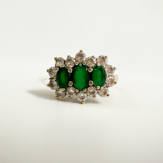 9ct Yellow Gold Green and White Cubic Zirconia Triple Cluster Ring