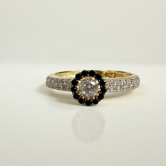 9ct Yellow Gold Black and Clear Cubic Zirconia Cluster Ring