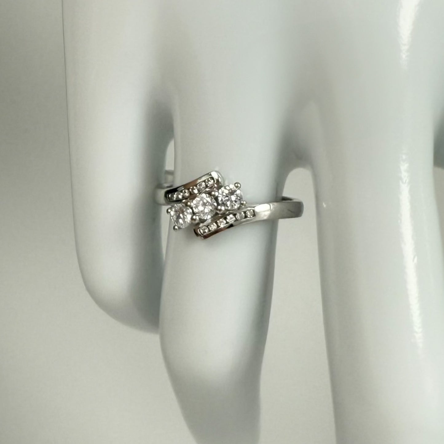 9ct White Gold Cubic Zirconia Three-Stone Ring with Channel Set Shoulders