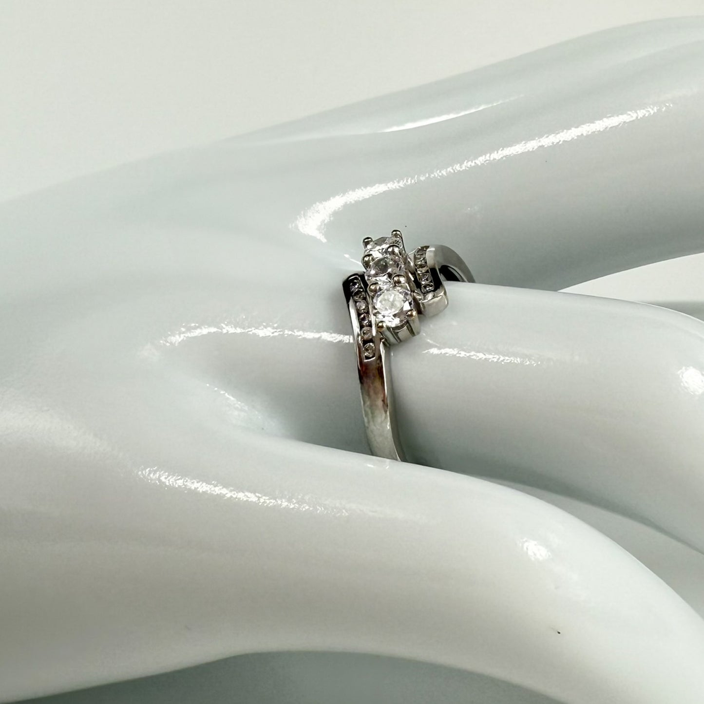 9ct White Gold Cubic Zirconia Three-Stone Ring with Channel Set Shoulders