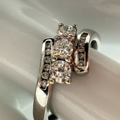 9ct White Gold Cubic Zirconia Three-Stone Ring with Channel Set Shoulders