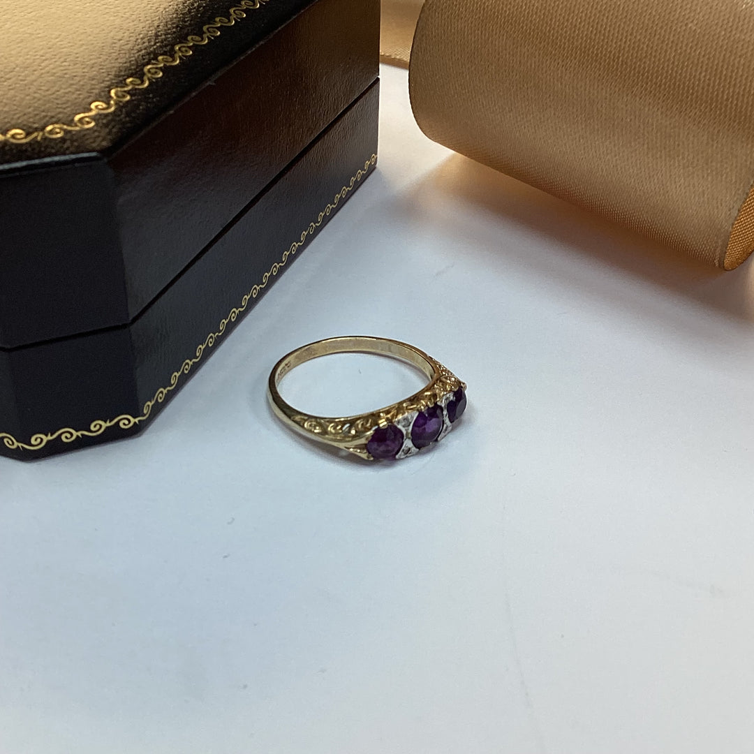 9ct Yellow Gold Amethyst and Diamond Dress Ring