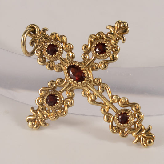 9ct Yellow Gold Ornate Garnet Cross Pendant