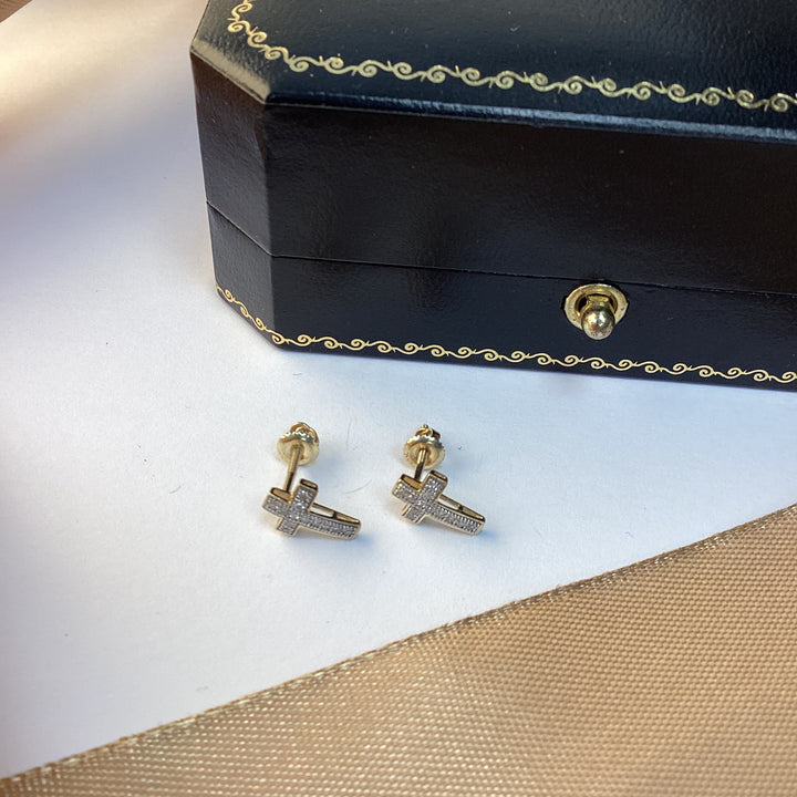 9ct Yellow Gold Diamond Cross Stud Earrings