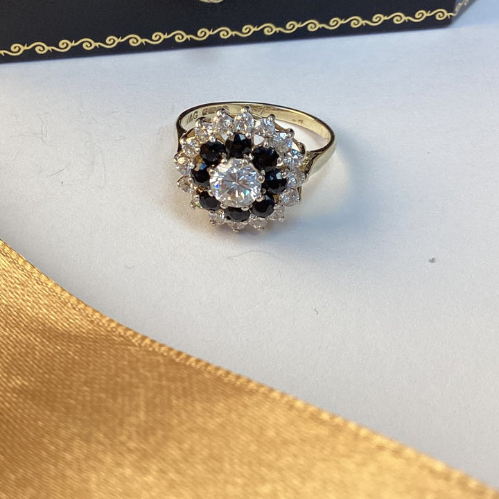 9ct Yellow Gold Sapphire and Cubic Zirconia Cluster Ring