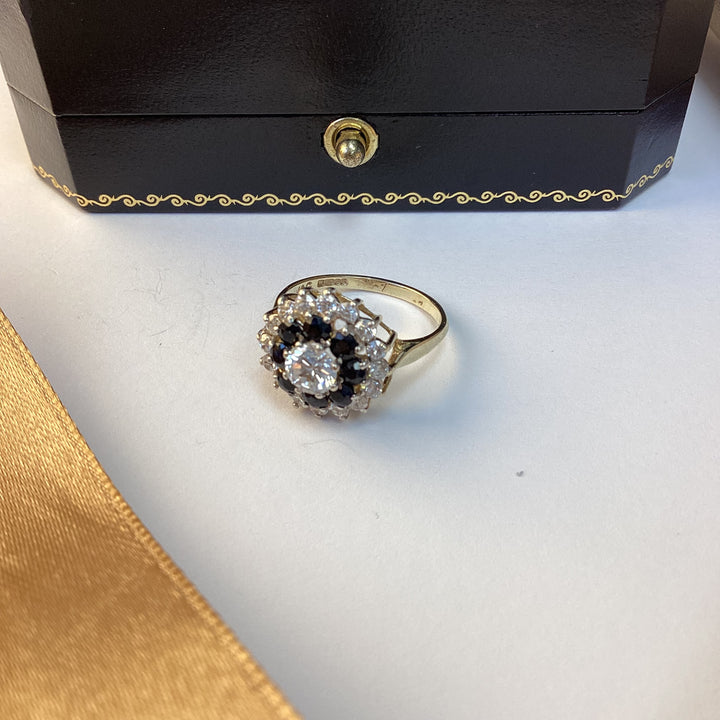 9ct Yellow Gold Sapphire and Cubic Zirconia Cluster Ring