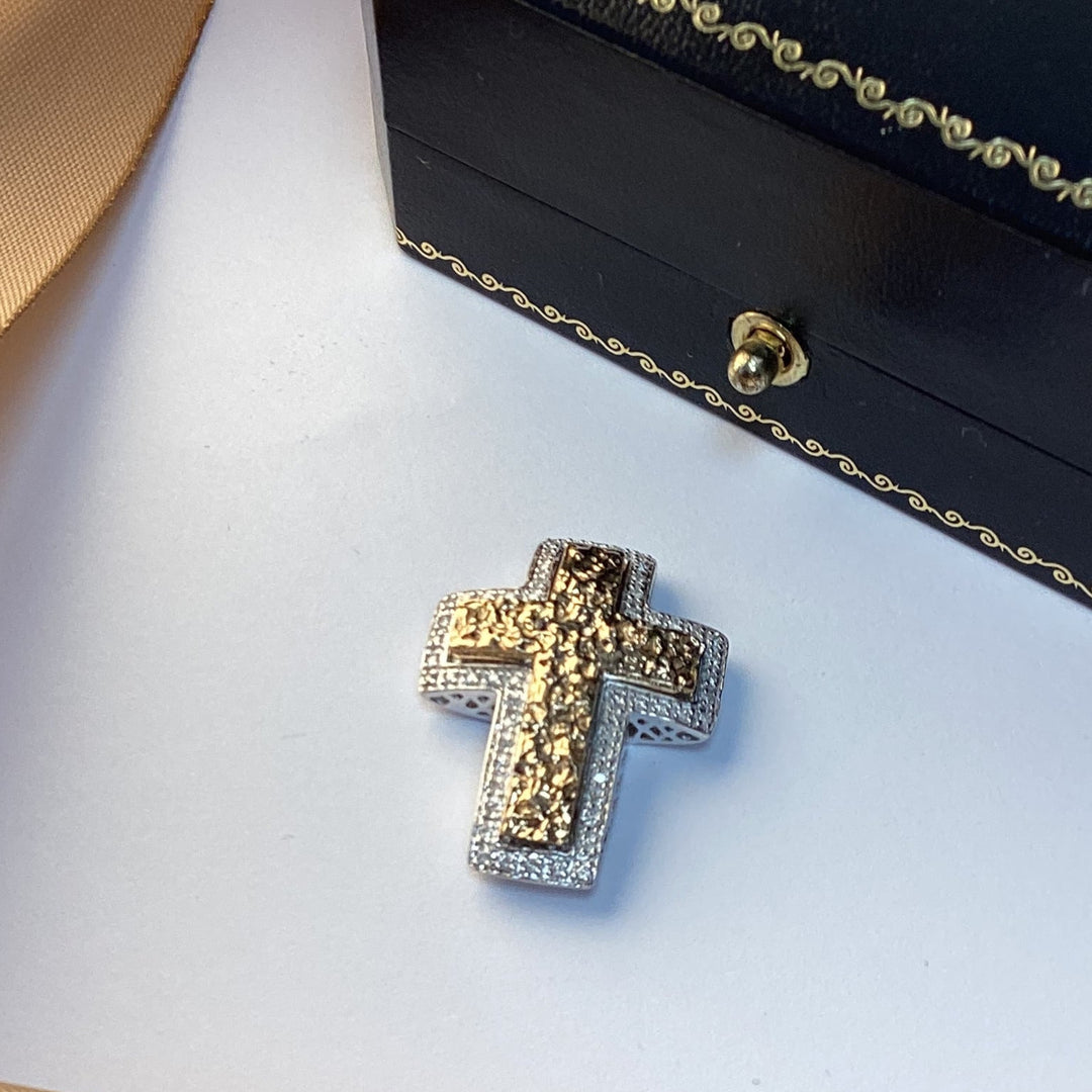 9ct Yellow Gold Patterned Diamond Cross Pendant