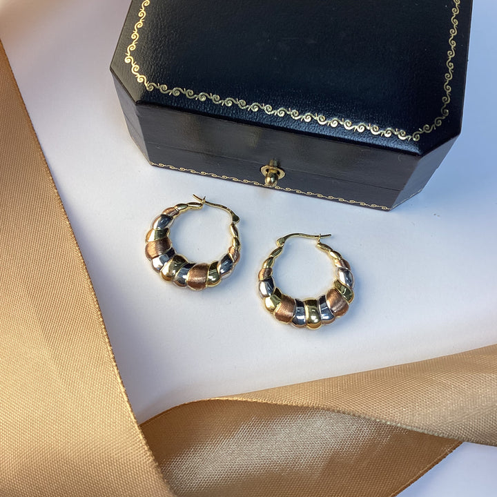 9ct Yellow Gold Tri-Colour Creole Hoop Earrings