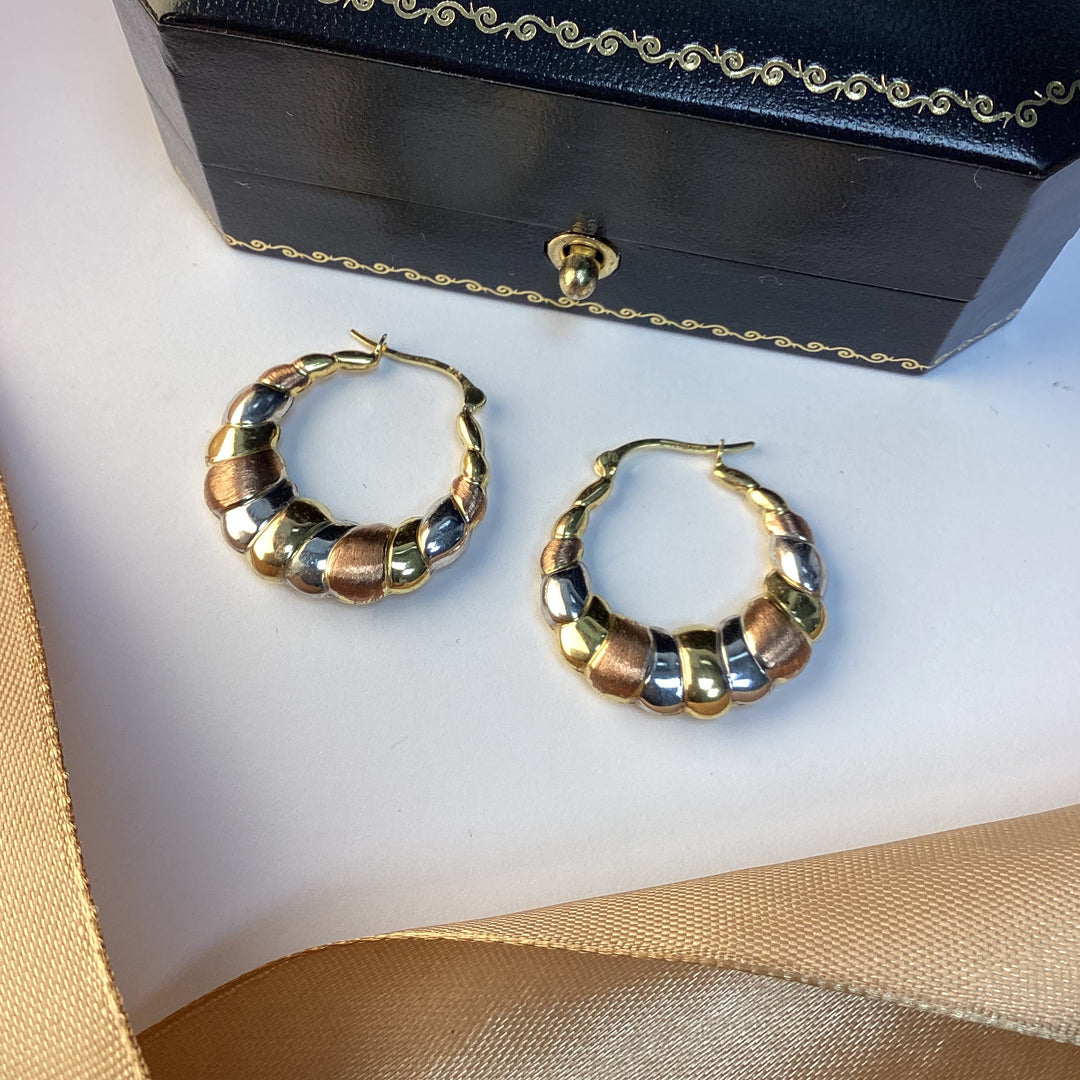 9ct Yellow Gold Tri-Colour Creole Hoop Earrings