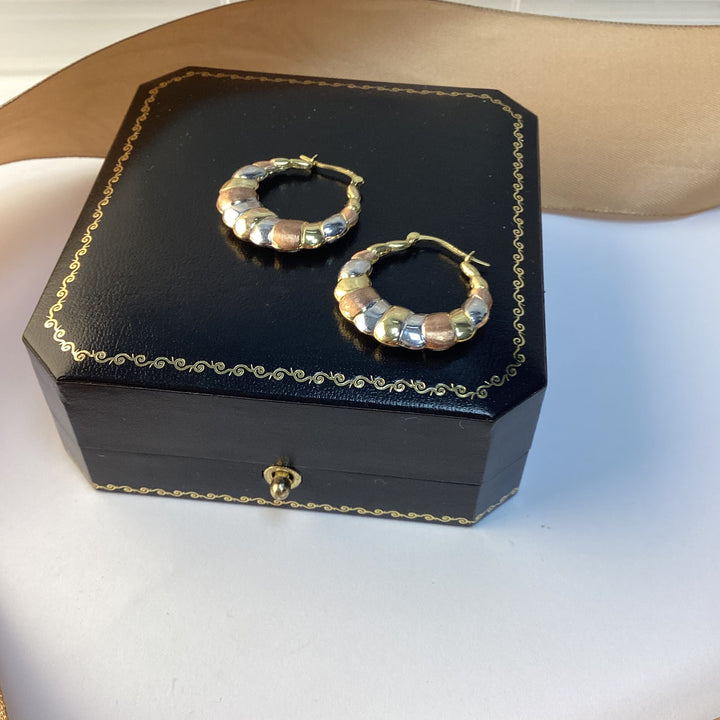 9ct Yellow Gold Tri-Colour Creole Hoop Earrings