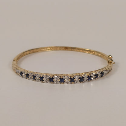 9ct Yellow Gold Sapphire and Diamond Set Hinged Bangle