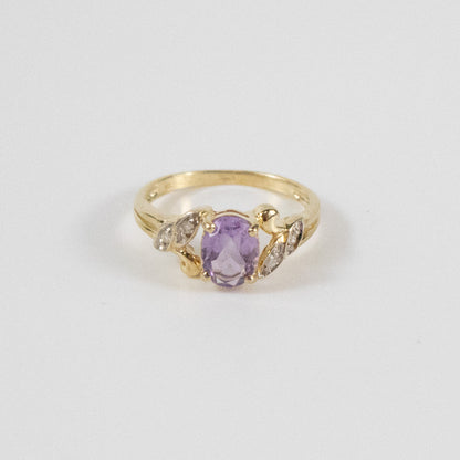 Second-Hand 9ct Gold Amethyst & Diamond Leaf-Detail Ring