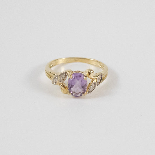 Second-Hand 9ct Gold Amethyst & Diamond Leaf-Detail Ring