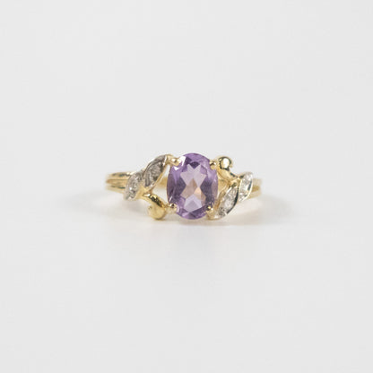 Second-Hand 9ct Gold Amethyst & Diamond Leaf-Detail Ring