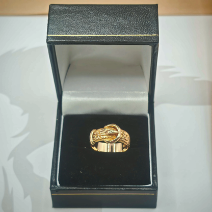 9ct Yellow Gold Engraved Buckle Ring – Size K, photograph 1 of 7. SKU JB3621.