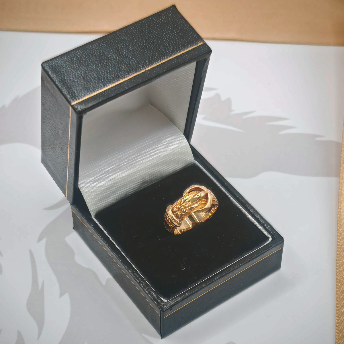 9ct Yellow Gold Engraved Buckle Ring – Size K, photograph 2 of 7. SKU JB3621.