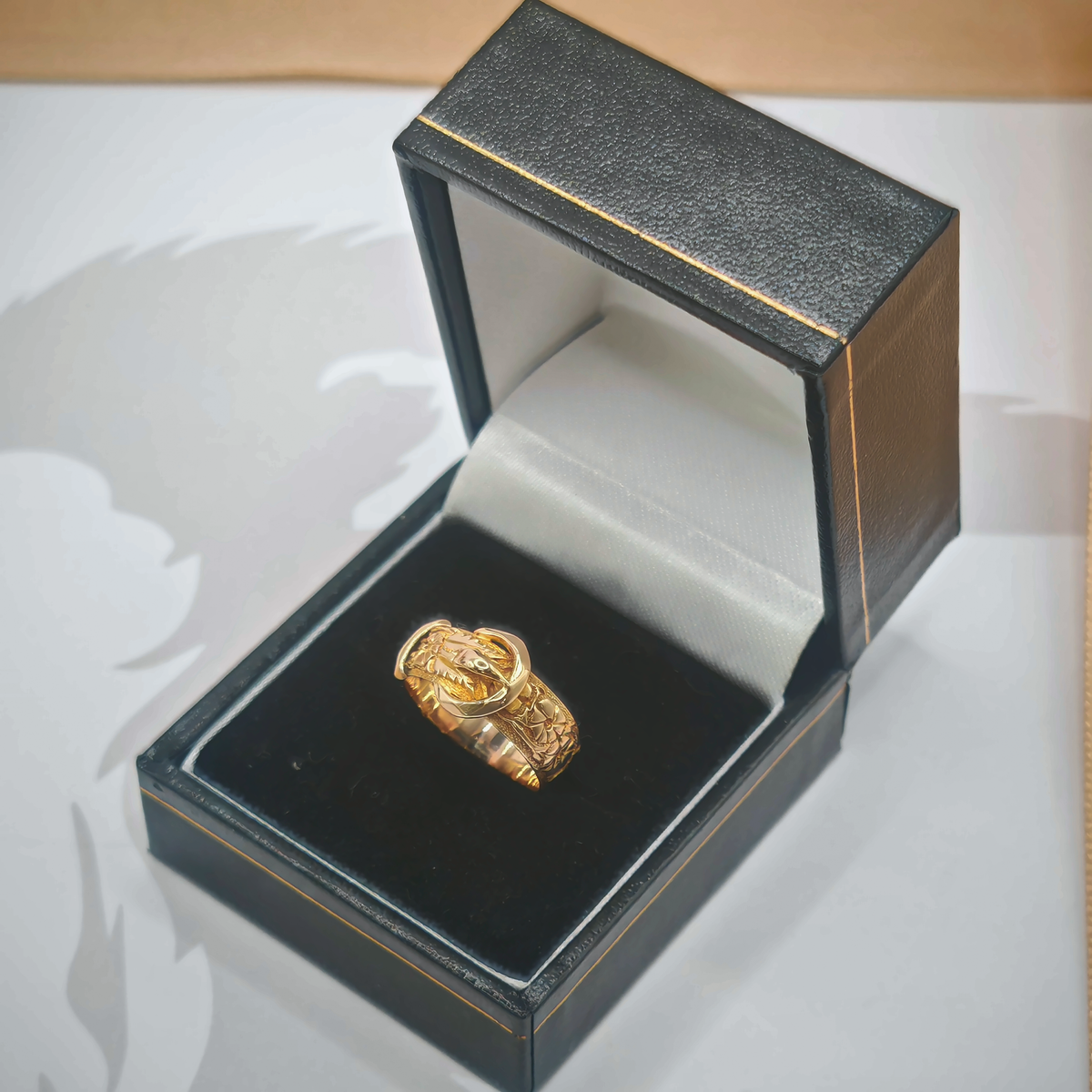 9ct Yellow Gold Engraved Buckle Ring – Size K, photograph 3 of 7. SKU JB3621.