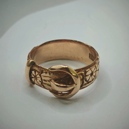 9ct Yellow Gold Engraved Buckle Ring – Size K, photograph 5 of 7. SKU JB3621.