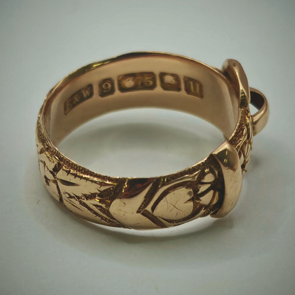 9ct Yellow Gold Engraved Buckle Ring – Size K, photograph 6 of 7. SKU JB3621.