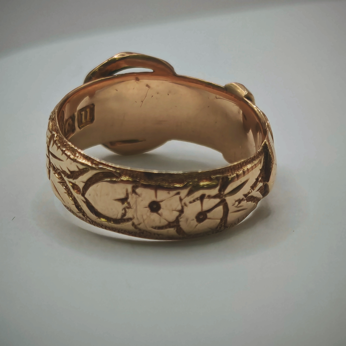 9ct Yellow Gold Engraved Buckle Ring – Size K, photograph 7 of 7. SKU JB3621.