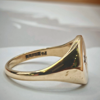 9ct Yellow Gold Diamond-Set Starburst Signet Ring – Size Z, photograph 7 of 8. SKU JB3624.