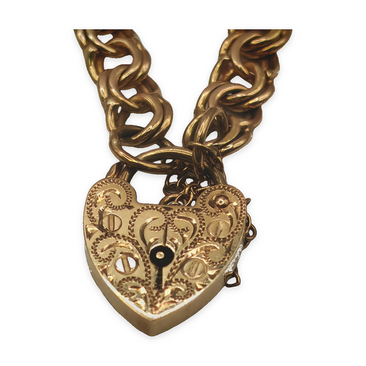 9ct Yellow Gold Double Belcher Bracelet with Heart Padlock, photograph 5 of 9. SKU JB3626.