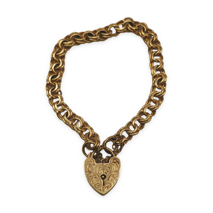 9ct Yellow Gold Double Belcher Bracelet with Heart Padlock, photograph 6 of 9. SKU JB3626.
